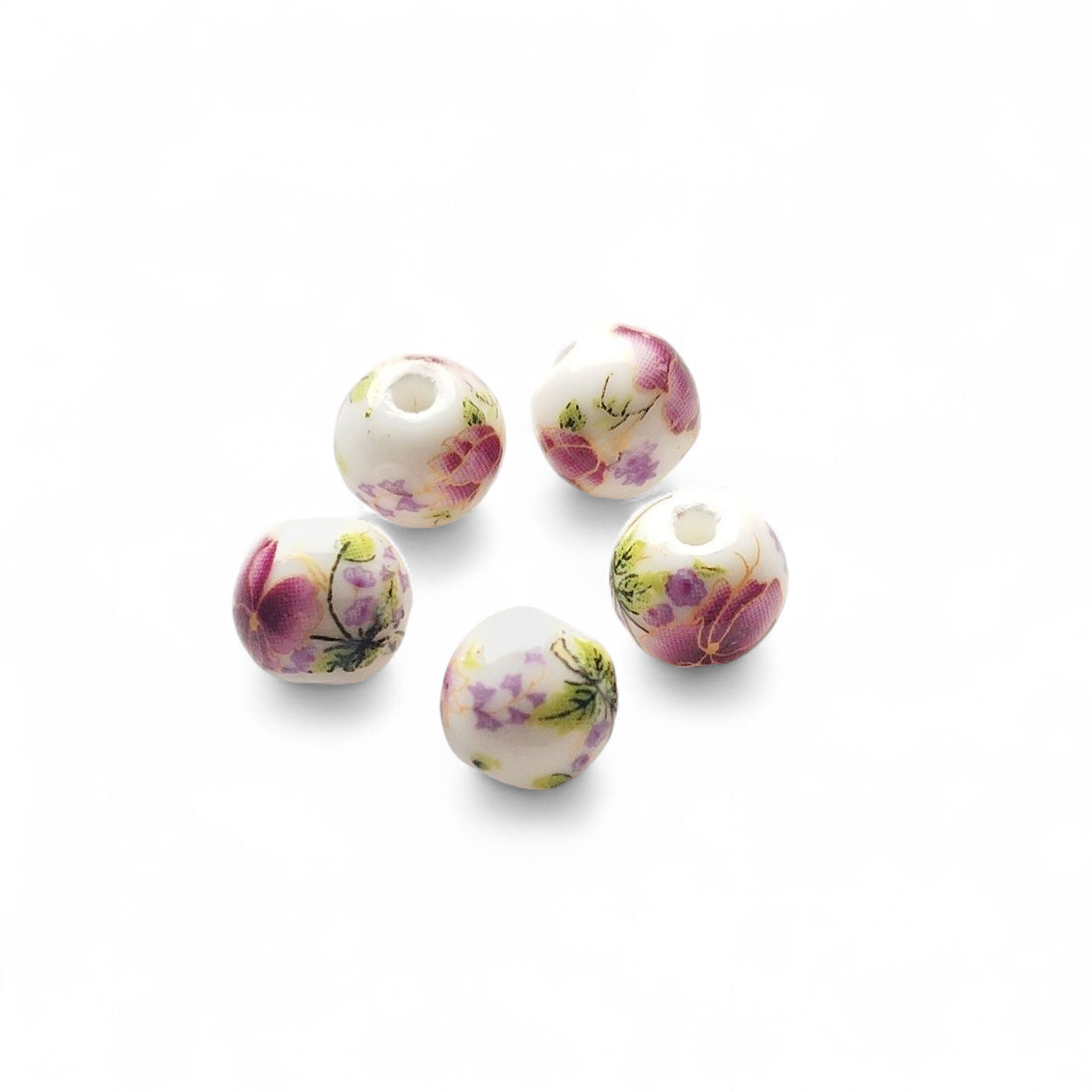 5 Porcelænsperler med pink blomster. 10 mm.