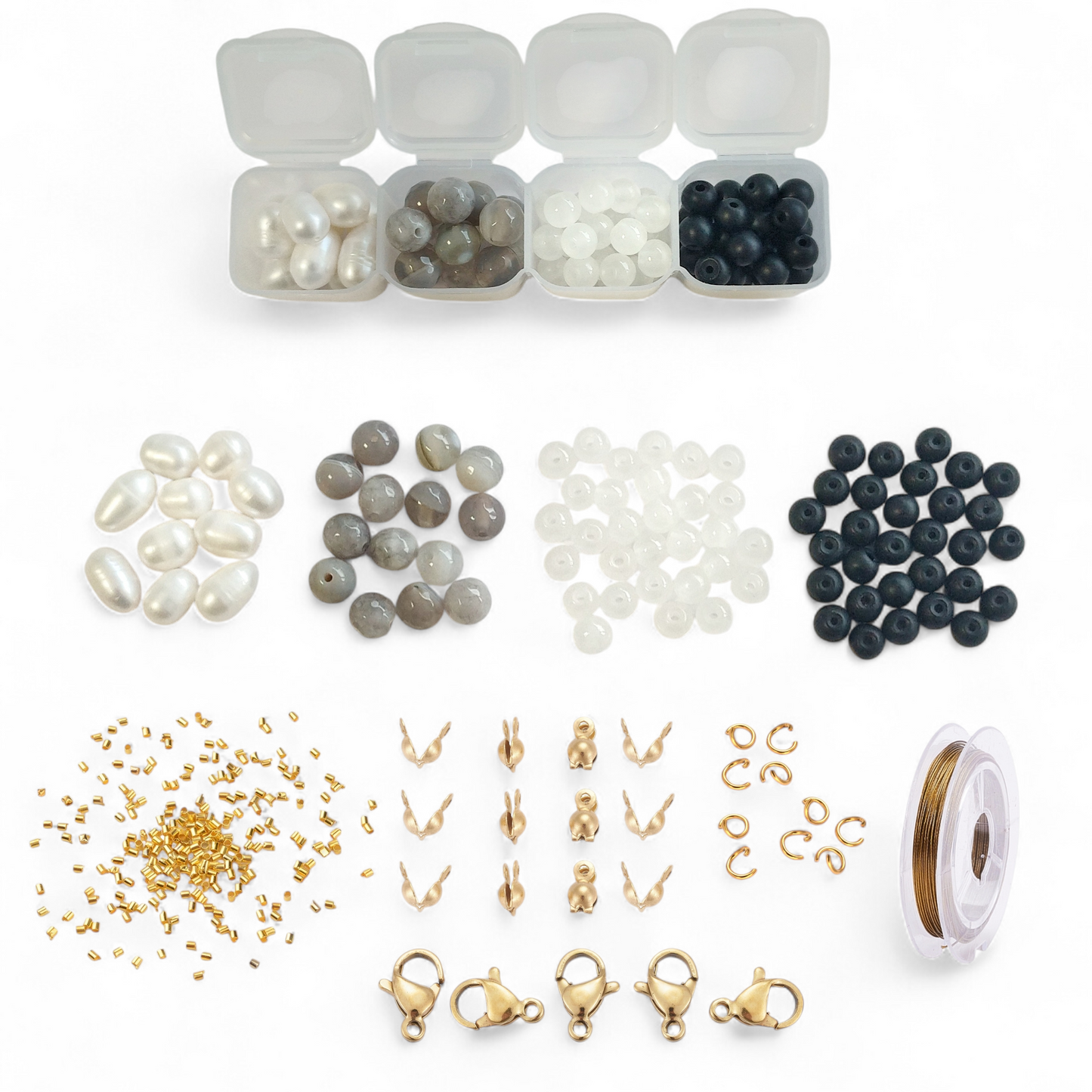 DIY perlebox med ferskvandsperler, agat og glasperler + diverse smykkematerialer.