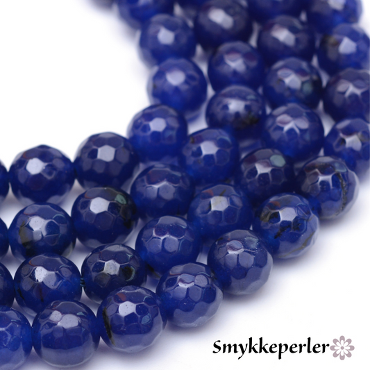 Jadefacetter runde. Mørk blå. 8 mm. Hel streng.