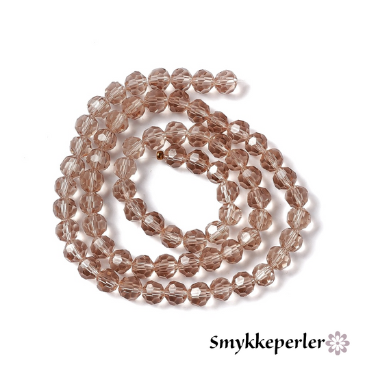 Glasfacetter mørk sand runde 6 mm. Hel streng.