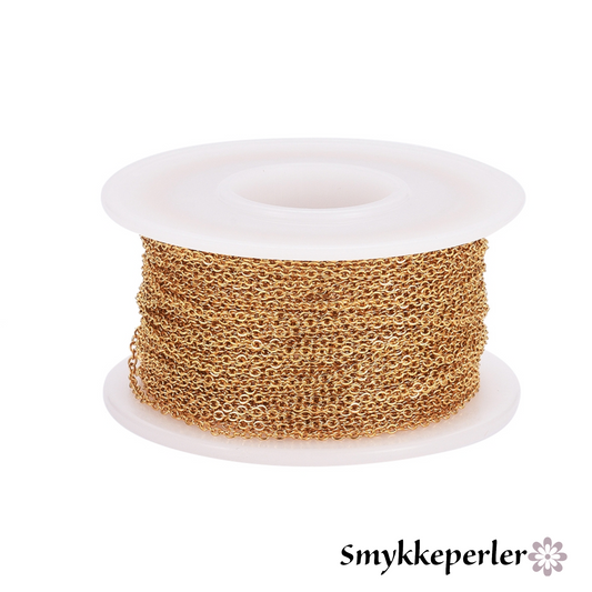 Kæde 1,5x1,3x0,3. Rustfrit stål ion forgyldt. Pr. meter.