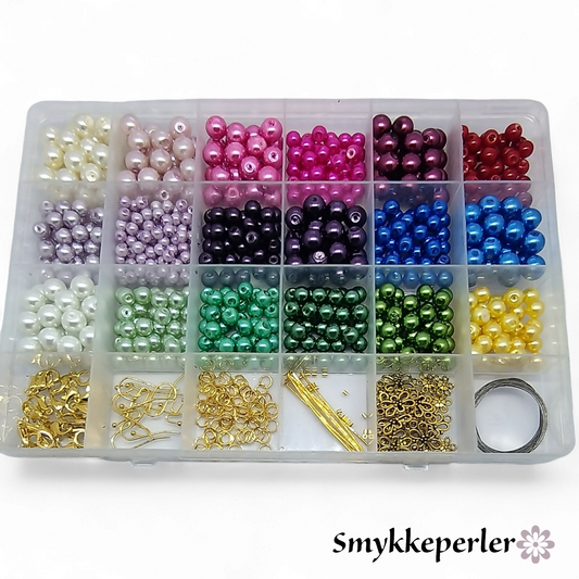 DIY sæt med perliserede glasperler og smykkematerialer i guldfarve,