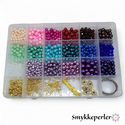 DIY sæt med perliserede glasperler og smykkematerialer i guldfarve