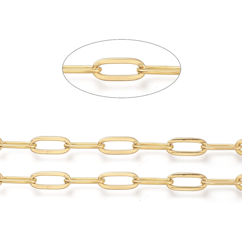 Paperclip kæde 10x4mm.. Stål forgyldt med 18k guld. Vandfast. Pr. m.