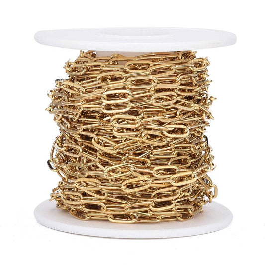 Paperclip kæde 10x4mm.. Stål forgyldt med 18k guld. Vandfast. Pr. m.