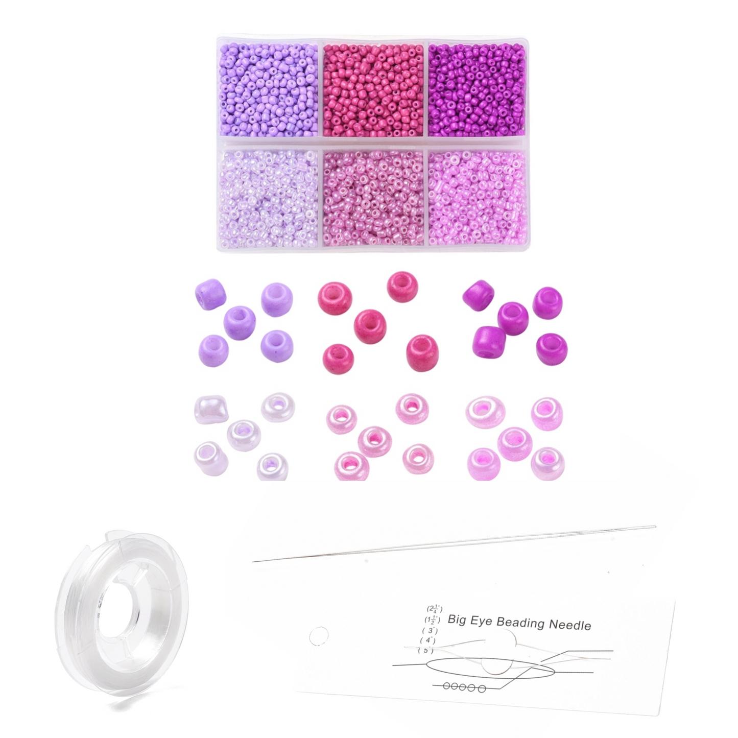 Diy sæt med 3 mm. seed beads, elastik og perle splitnål.