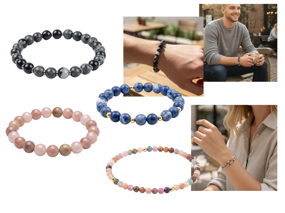 Armbånd i mix af halvædelsten og perler på elastik...