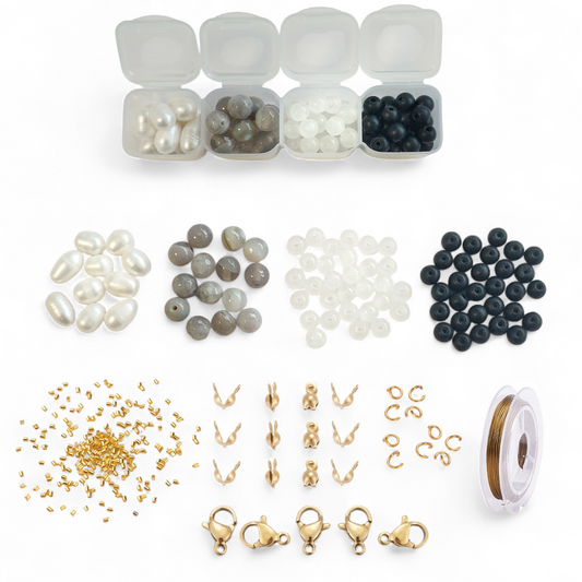 DIY perlebox med ferskvandsperler, agat og glasperler + diverse smykkematerialer.