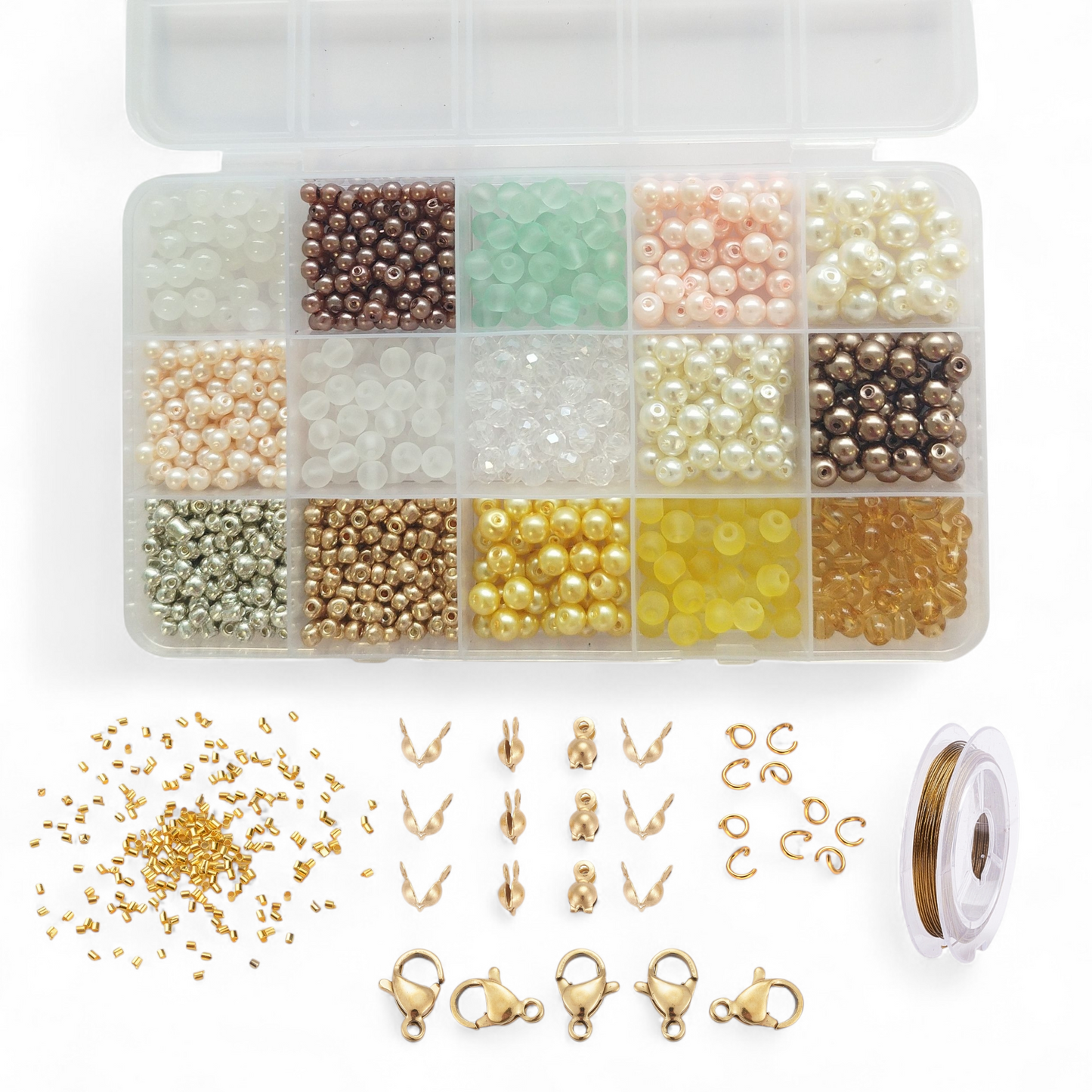 DIY perlebox med 6 mm. runde og facetterede glasperler. + diverse smykkematerialer guld.