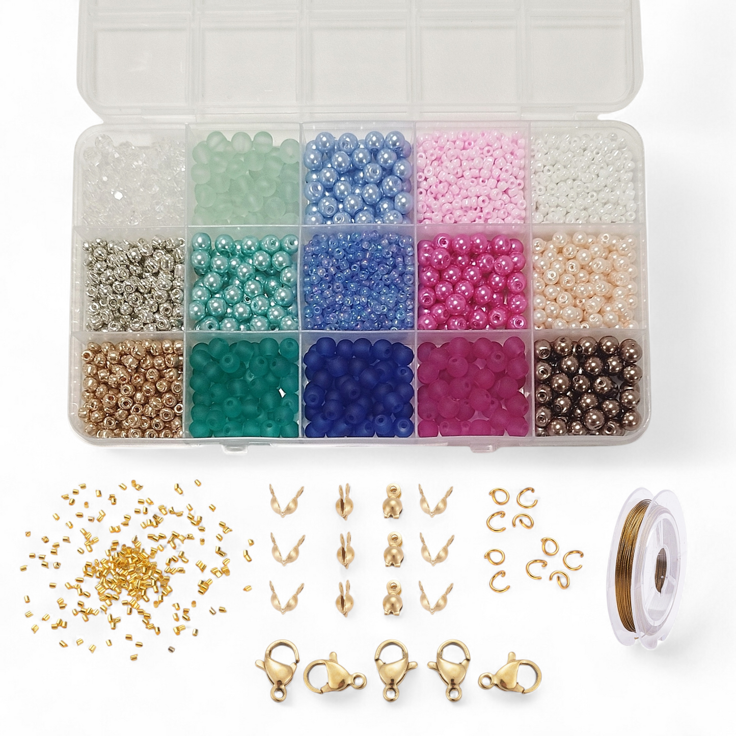 DIY perlebox med 3 mm. glas seed beads og 4-6 mm. runde glasperler. + diverse smykkematerialer guld.