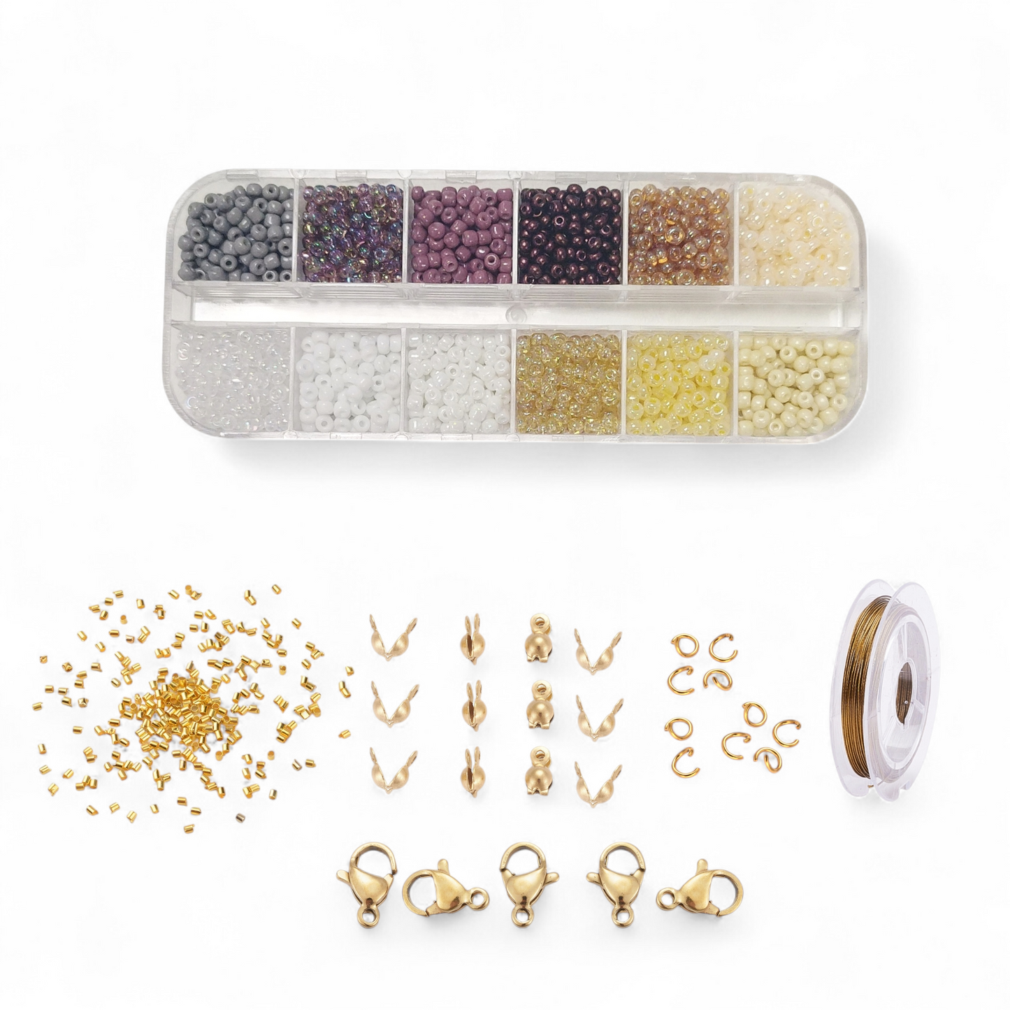 DIY perlebox med 3 mm. glas seed beads + diverse smykkematerialer guld.