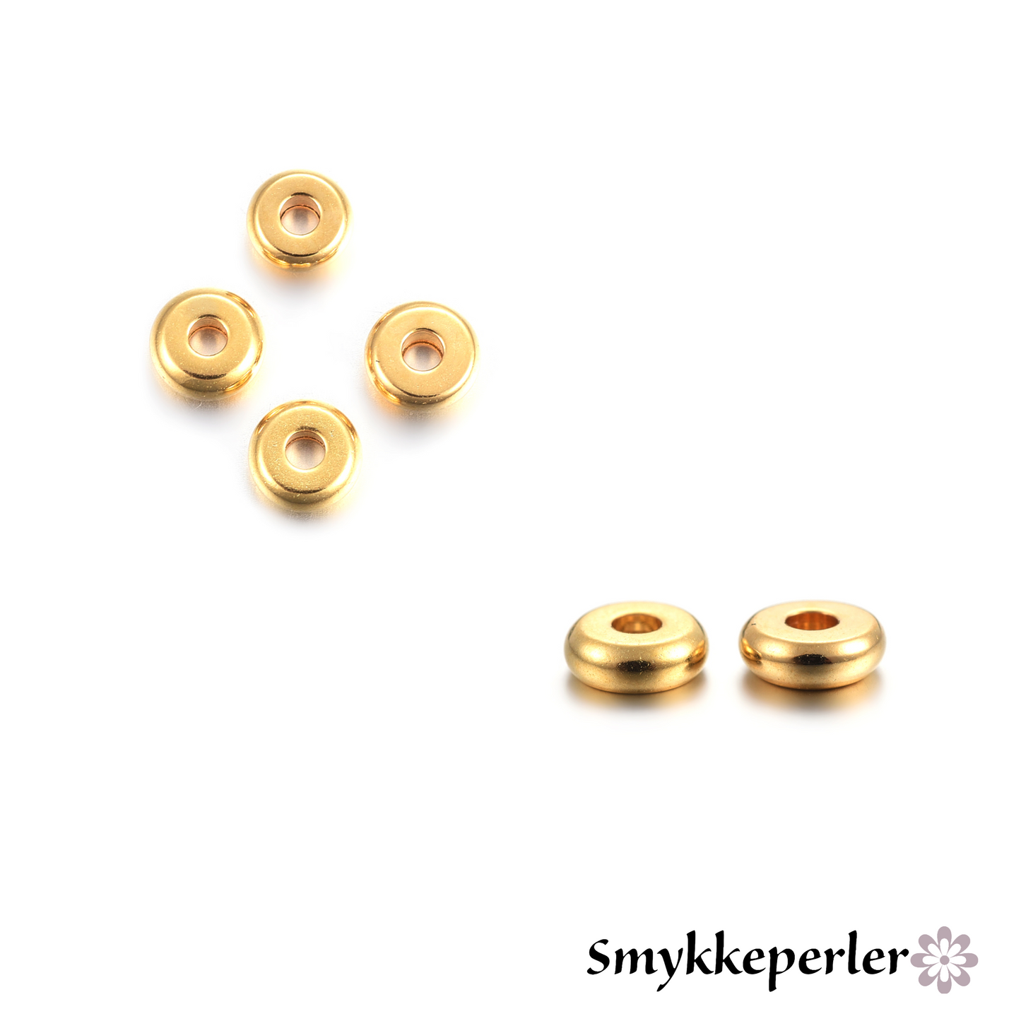 Små flade mellemperler. 18k guld. 5 stk.