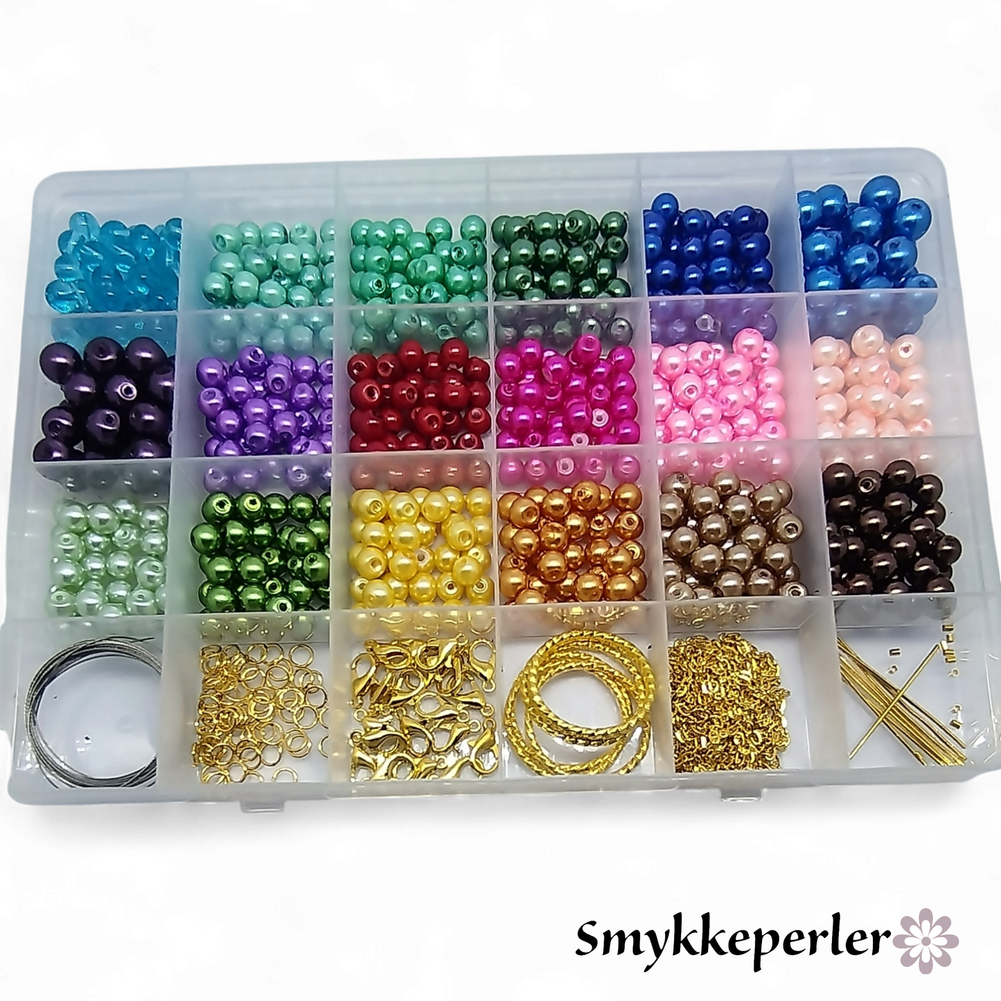DIY sæt med perliserede glasperler og smykkematerialer i guldfarve