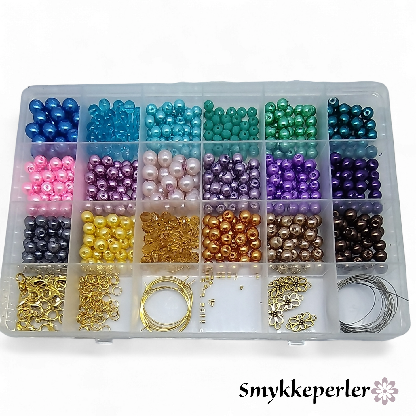 DIY sæt med perliserede glasperler og smykkematerialer i guldfarve.