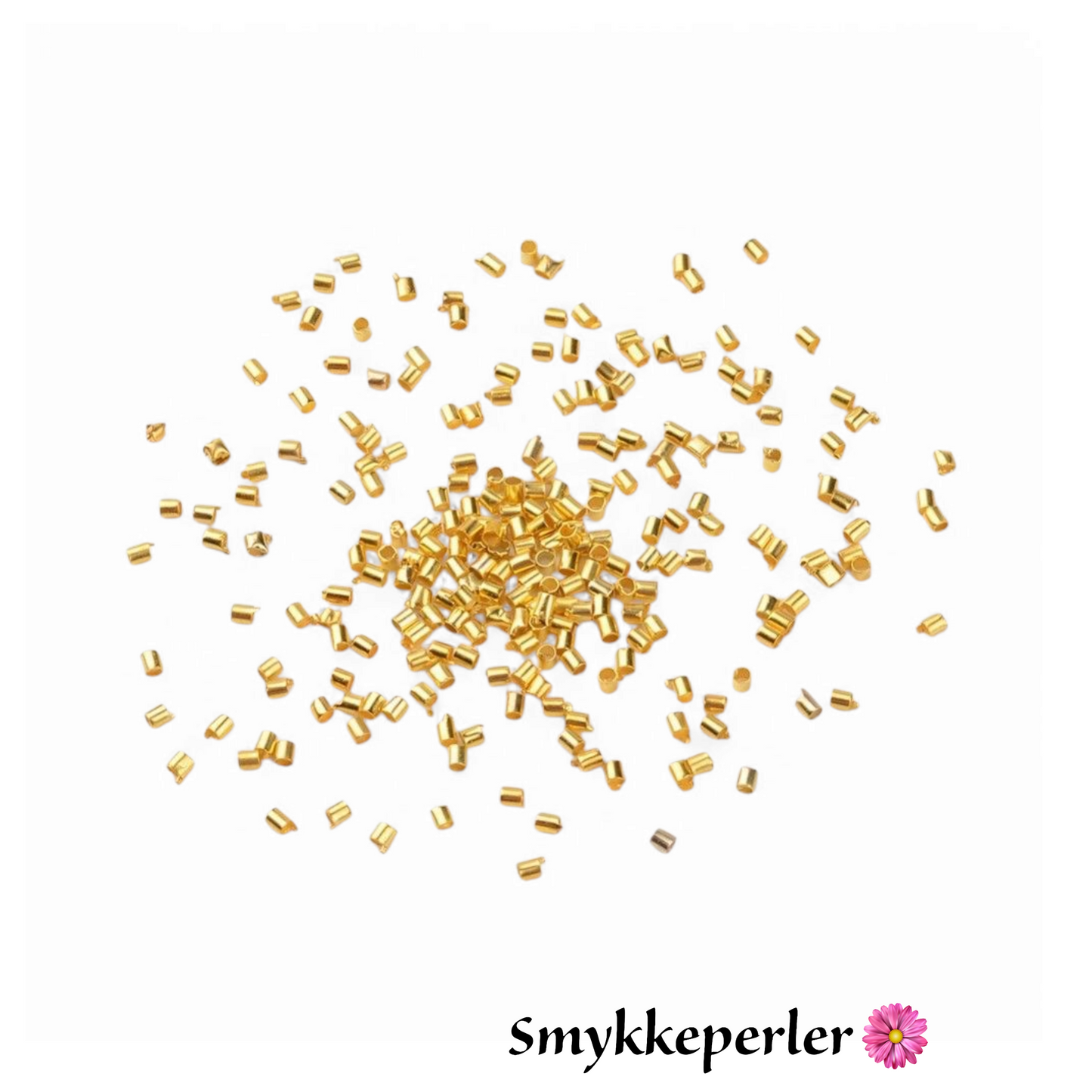 Klemmerør/klemmeperler guldfarvede 1,5 mm. ca. 50 stk. Nikkelfrie.