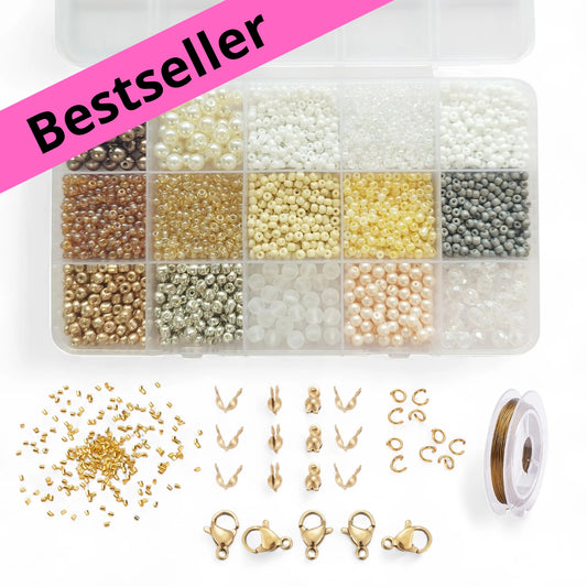 DIY perlebox med 3 mm. glas seed beads og 4-6 mm. runde glasperler. + diverse smykkematerialer guld.