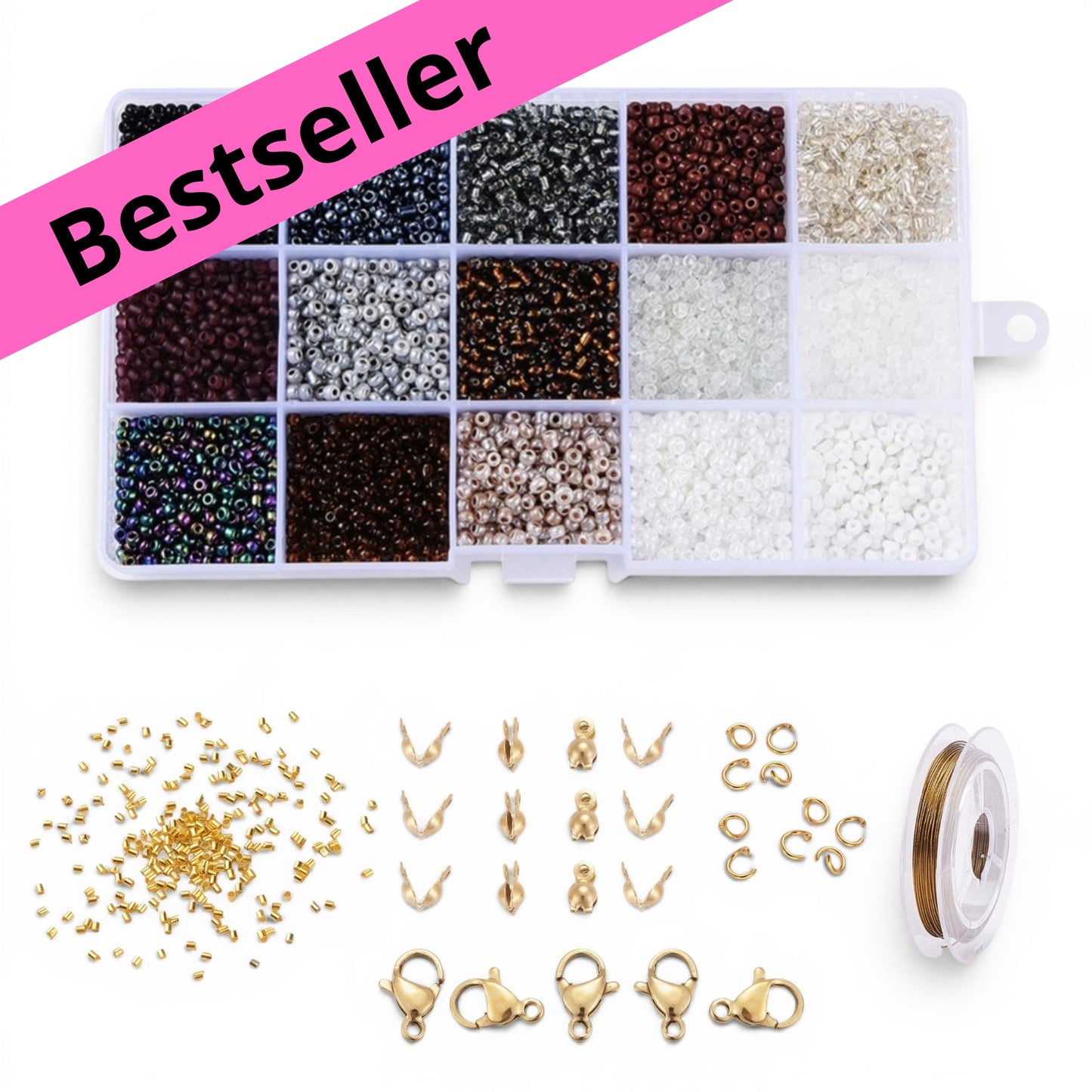 DIY perlebox med 3 mm. glas seed beads + diverse smykkematerialer guld.