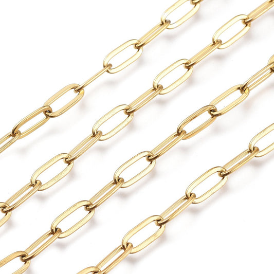 Paperclip kæde 10x4mm.. Stål forgyldt med 18k guld. Vandfast. Pr. m.