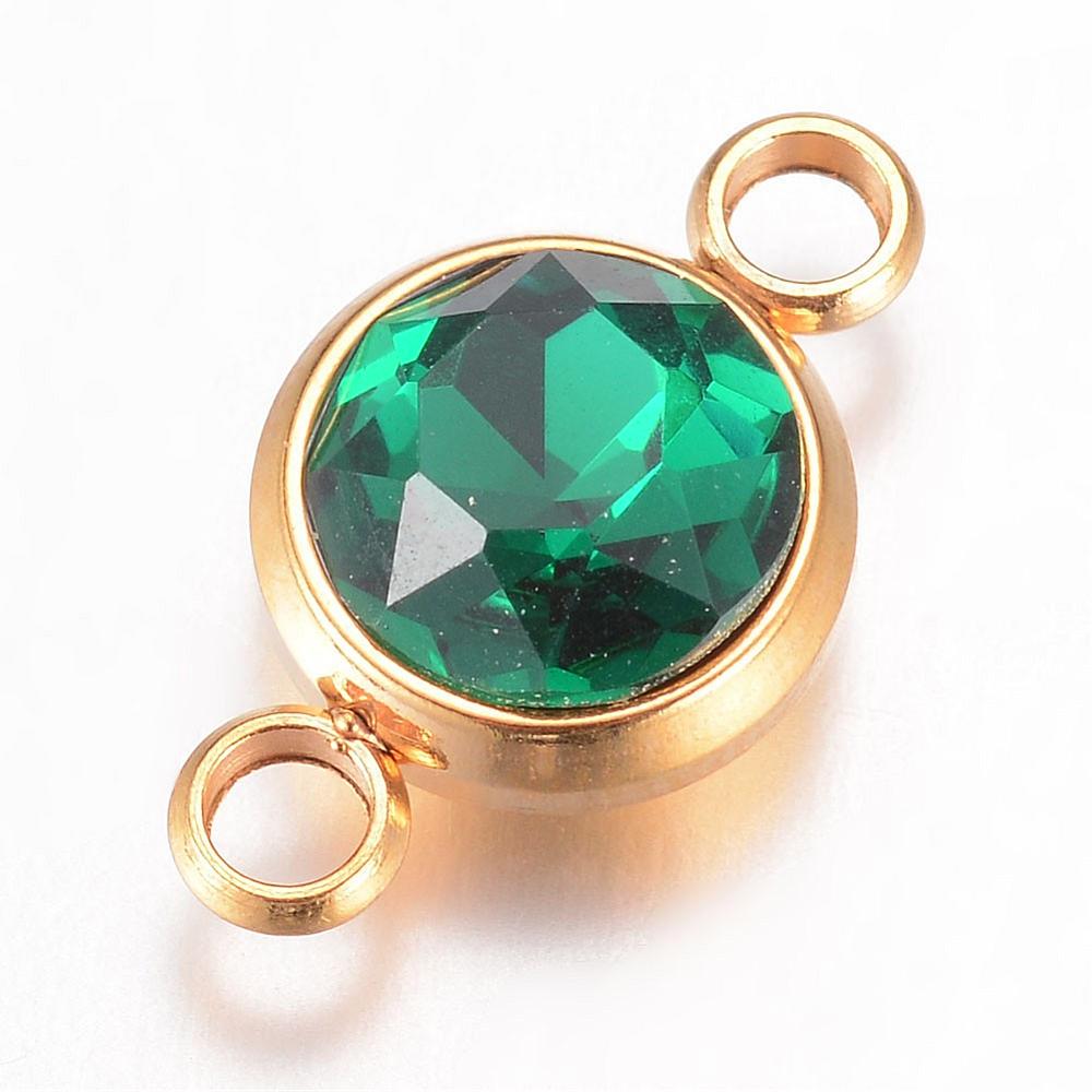 Link connectors i stål med 18k guld. Vandfaste. Med grøn glasfacet. 2 stk.