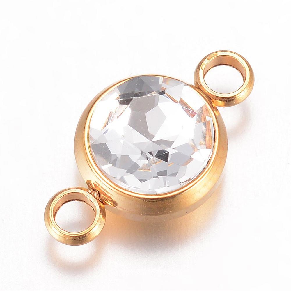 Link connectors i stål med 18k guld. Vandfaste. Med klar glasfacet. 2 stk.
