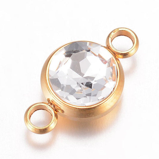 Link connectors i stål med 18k guld. Vandfaste. Med klar glasfacet. 2 stk.