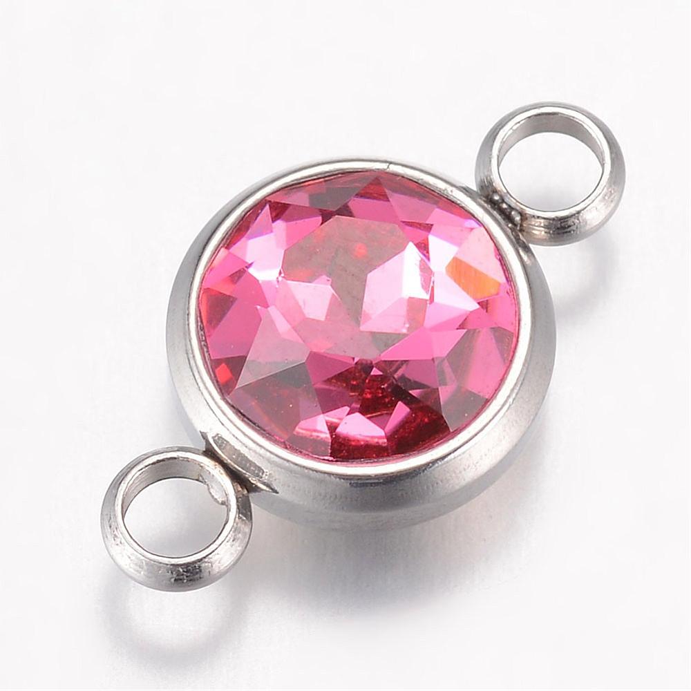 Link connectors i 304 rustfrit stål. Vandfaste. Med pink glasfacet. 2 stk.