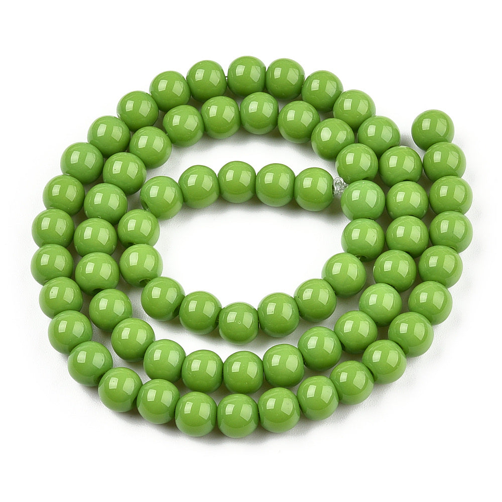 Runde glasperler 6 mm. Lys oliven jade look. Hel streng.