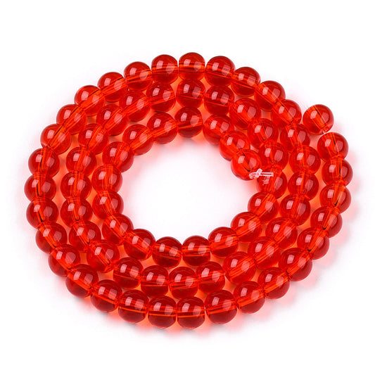 Runde glasperler, klare røde, 6 mm. Hel streng.
