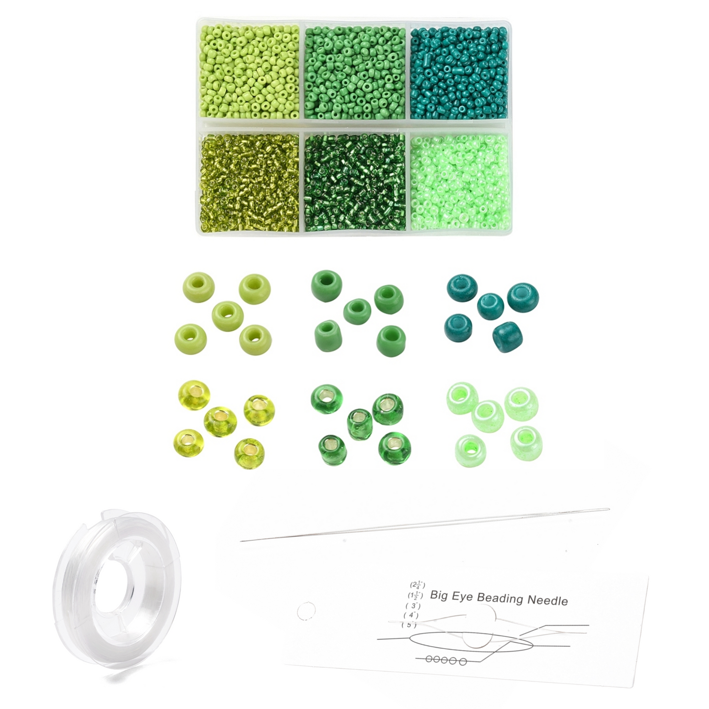Diy sæt med 3 mm. seed beads, elastik og perle splitnål.