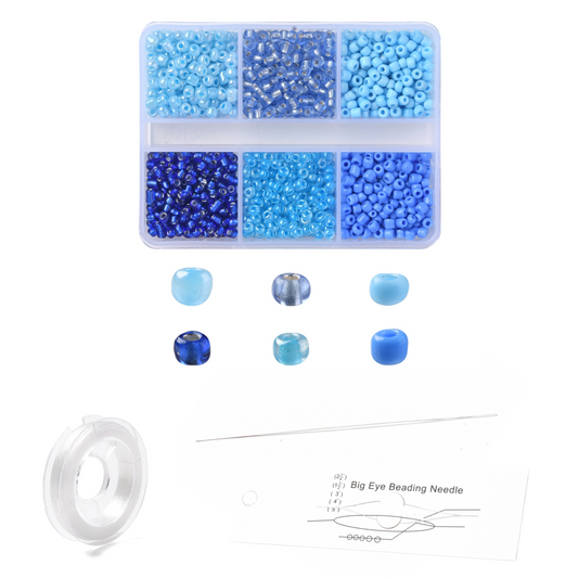 Diy sæt med 3 mm. seed beads, elastik og perle splitnål.