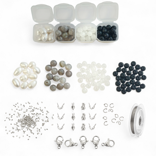 DIY perlebox med ferskvandsperler, agat og glasperler + diverse smykkematerialer.