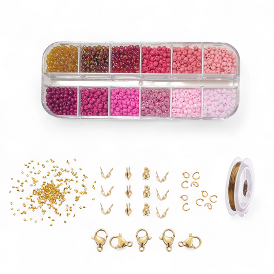 DIY perlebox med 3 mm. glas seed beads + diverse smykkematerialer guld.