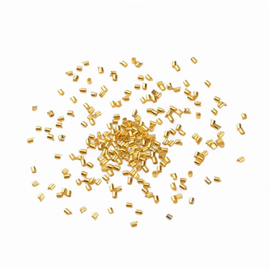 Klemmerør/klemmeperler guldfarvede 1,5 mm. ca. 50 stk. Nikkelfrie.